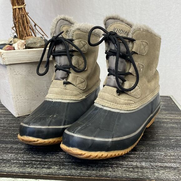 Khombu Black & Tan Fur lined Water Resistant Lace Up Suede & Rubber Boots 7 - Picture 2 of 6